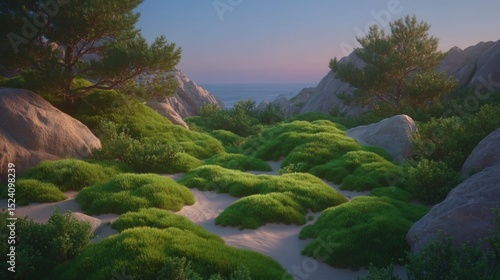 Serene Coastal Landscape  Mossy Rocks  Green Grass  Ocean View