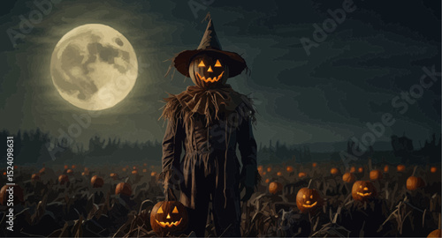 A scarecrow watches over a field filled with ripe pumpkins, set against a backdrop of a sunny autumn day.