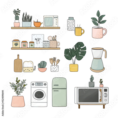 Cozy and Charming Kitchen Decor Elements with Plants and Appliances for Comfortable Living Spaces and Interiors