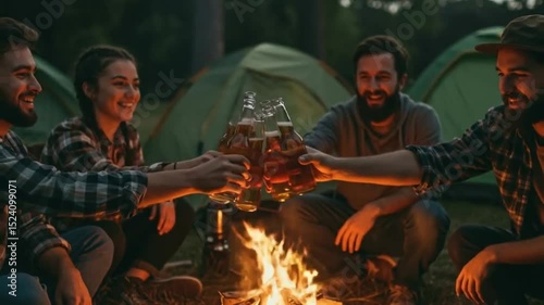 キャンプの夜、暖色系の光と笑顔輝く仲間たち。乾杯！