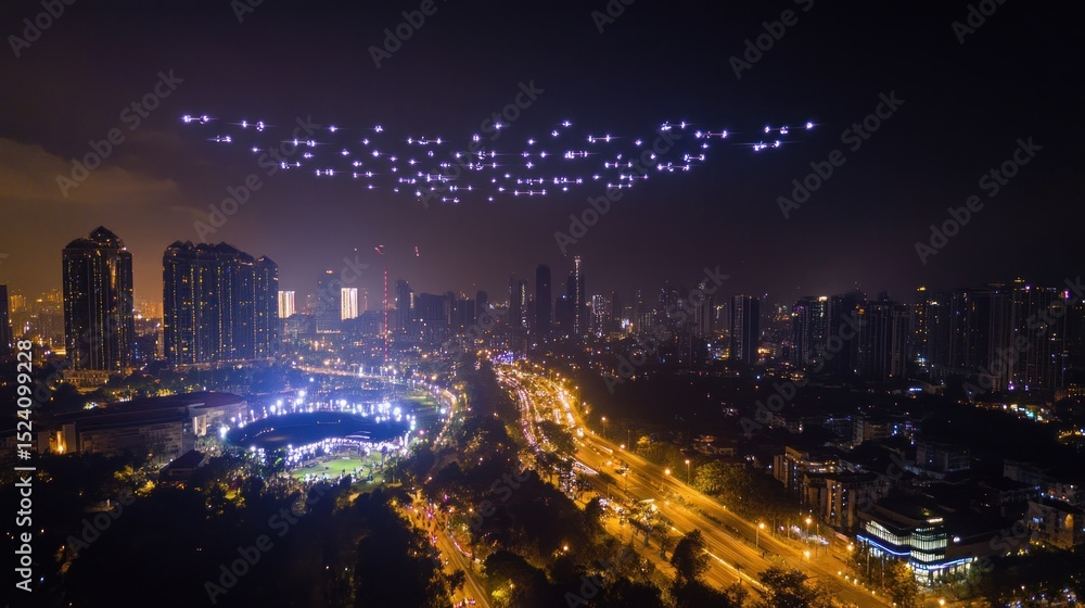 Obraz premium City at night with drones