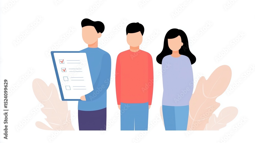 Fototapeta premium Group of diverse individuals standing together, one holding a checklist, showcasing teamwork and collaboration in a professional setting with soft background elements
