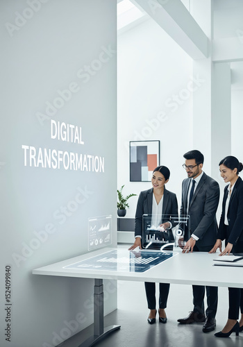 A diverse business team discusses digital transformation while analyzing data on a futuristic interactive table in a modern office.