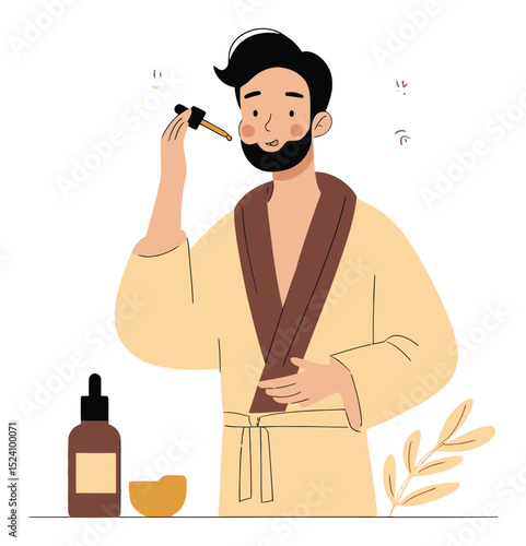 Illustration of a Man Applying Cosmetic Serum with a Relaxed Expression