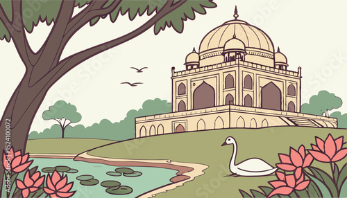 Mughal garden arch, dome illustration for wallpaper. Botanical tree landscape illustration. Water lily and swan in a beautiful lake.   