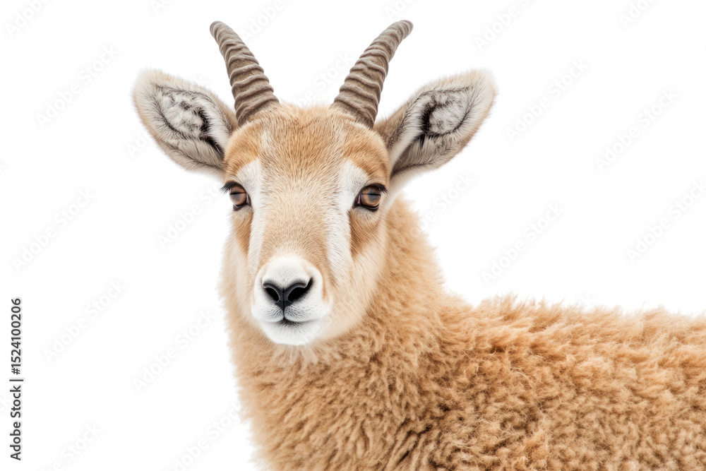 Mountain Goat Portrait: The charming mountain goat is captured in a stunning portrait, showcasing its unique spiral horns, inquisitive eyes, and shaggy coat against a clear background. Mountain Goat Portrait: The charming mountain goat is captured in a stunning portrait, showcasing its unique spiral horns, inquisitive eyes, and shaggy coat against a clear background.