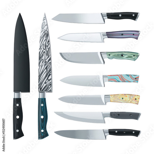 A Collection of Various Kitchen Knives with Unique Designs and Styles for Culinary Enthusiasts and Professional Chefs in Modern Cooking Settings
