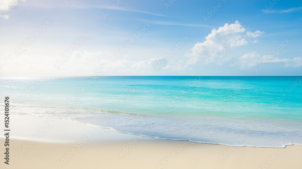 Fototapeta premium 透き通ったターコイズブルーの海が、柔らかく黄金色の砂浜に優しく溶け合う、穏やかな一枚。水面に反射する太陽の光と、岸辺に打ち寄せる穏やかな波。背景には、かすかな雲が浮かぶ明るい青空。太陽の光が砂浜に柔らかな影を落としている。
