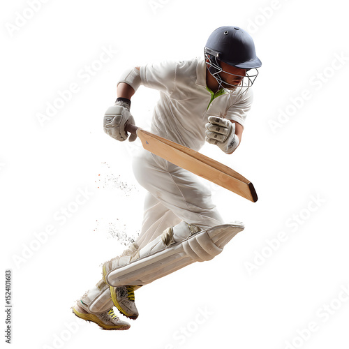 Cricket player in action running with bat and helmet wearing white uniform against black background