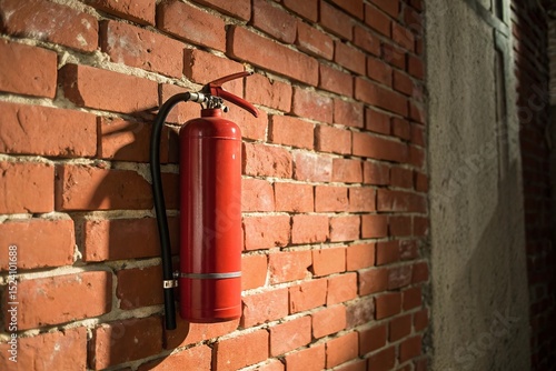Fire extinguisher mockup wall mounted on brick with customizable label area