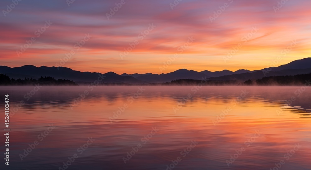 Obraz premium Majestic Sunset with Misty Waters and Mountains