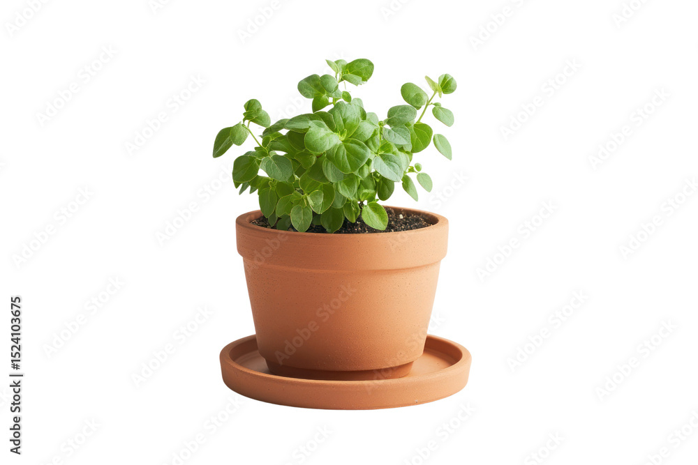 Fototapeta premium Oregano Plant in a Terracotta Pot: A vibrant, healthy oregano plant thrives in a classic terracotta pot, capturing the essence of freshness and natural beauty.