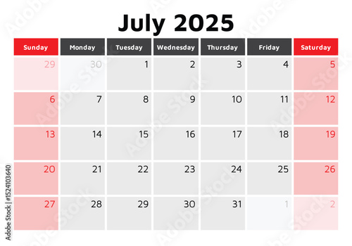 2025 july calendar. English calendars. Sunday start