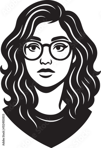 1 woman with large glasses and voluminous wavy hair, gazing thoughtfully vector illustration