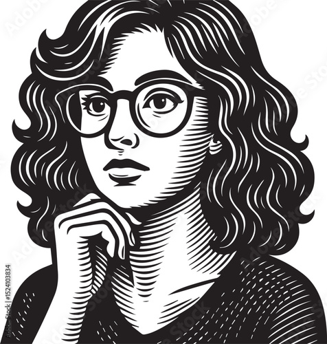 woman with large glasses and voluminous wavy hair, gazing thoughtfully vector illustration