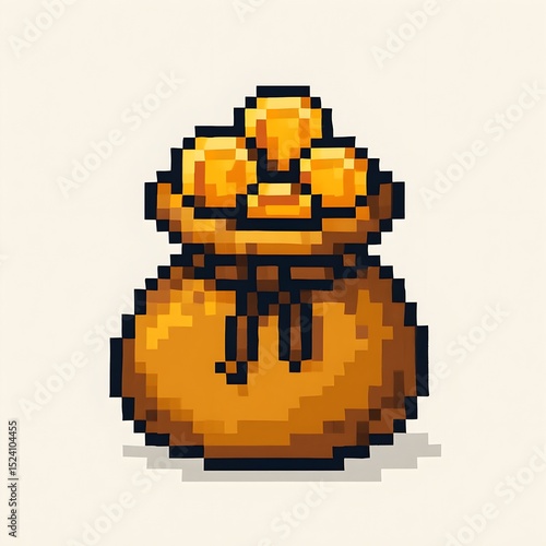 A retro-style 8-bit pixel art illustration of a golden pouch filled with shimmering coins, set against a clean white background