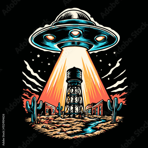 Vintage UFO Abduction Scene with Desert Landscape and Water Tower Art