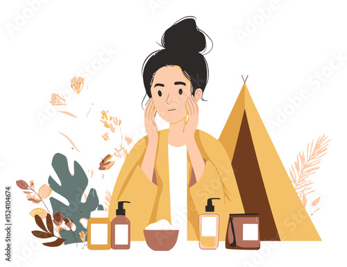 Woman Applying Skincare Products at Home in Minimalistic Illustration Style