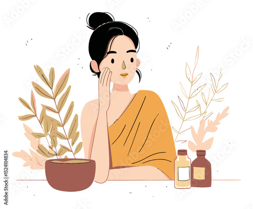 Woman with Natural Cosmetics and Herbal Ingredients in Vector Illustration