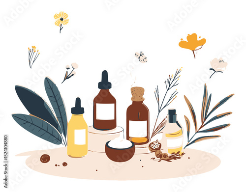 Elegant Hand-Drawn Cosmetic Illustration with Natural Elements and Products
