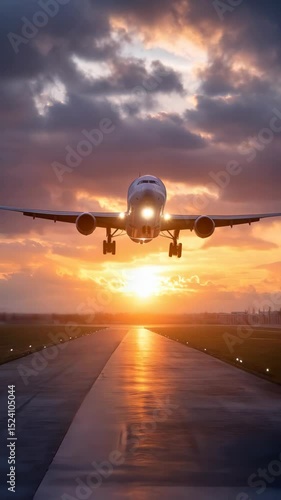 Large passenger airplane taking off during stunning golden sunset with dramatic cloudscape from eye level view on airport runway