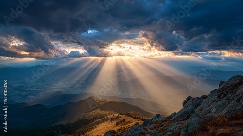 a wide sky above a quiet mountain peak, golden light shining through clouds, peaceful and powerful, nature worship scene, symbolic of God's sovereignty 
