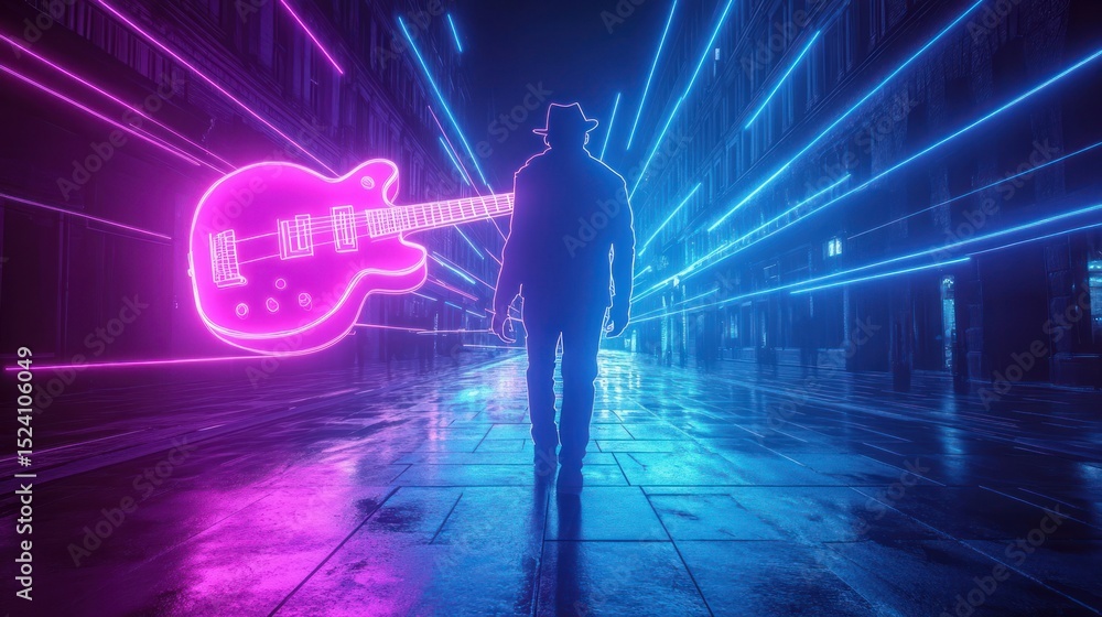 Fototapeta premium Figure walking down neon-lit city street beside a hovering guitar outline
