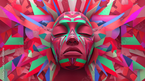 Vibrant digital artwork features stylized human face with closed eyes, surrounded by colorful geometric shapes and patterns