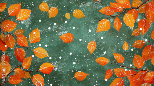 Autumn leaves falling on textured green background with white paint splatters, creating vibrant and dynamic seasonal scene