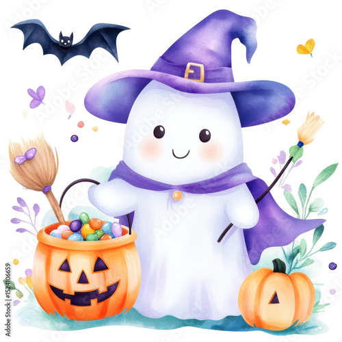 Adorable Halloween ghost dressed as a witch with a purple hat and cape, holding pumpkin candy bucket, surrounded by bats and decorations
