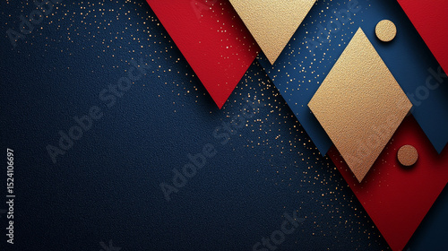 Celebration background with red, blue, and gold geometric shapes and glittering accents, creating festive and elegant