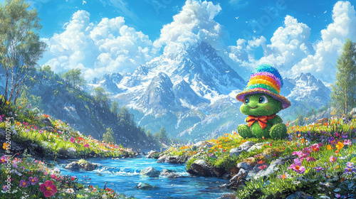 Colorful cartoon frog wearing rainbow hat and red bow sits rock beside flowing river vibrant mountain landscape with snow