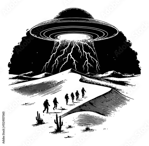 Mysterious UFO Abduction Scene with Desert Landscape and Thunderous Skies