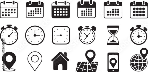 Collection of Time, Date, and Location Icons Simple Black and White Glyphs