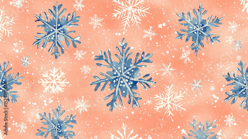 Festive pattern featuring blue and white snowflakes on soft peach background, creating cheerful winter holiday atmosphere