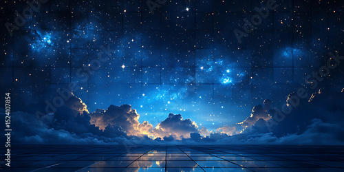 Dreamy night sky above tiled platform with clouds and stars reflecting blue aesthetic luminous landscape generative ai