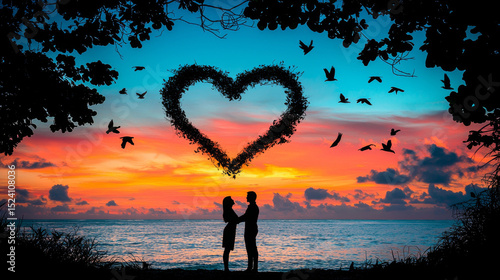 Romantic couple standing beach sunset with heart shaped cloud and flying birds sky, creating romantic and peaceful scene