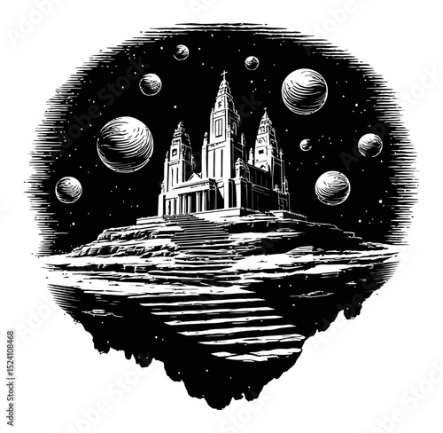 Black and White Engraving of a Fantastic Castle Surrounded by Planets