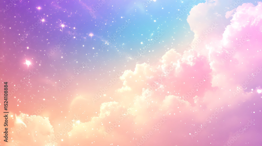 Fototapeta premium Dreamy pastel skyscape with clouds and sparkling stars soft gradient background ideal for fantasy projects