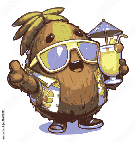 Cute Cartoon Character Enjoying a Tropical Drink in Summery Attire
