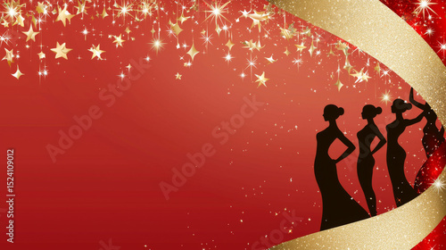 Silhouettes of women elegant dresses standing line against festive red and gold background with stars and sparkles
