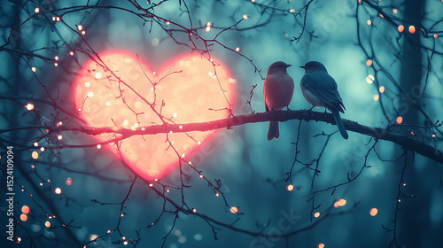 Romantic scene with two birds perched tree branch against glowing heart shaped moon, surrounded by twinkling lights and dreamy