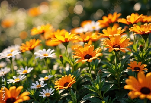 Vibrant orange and white daisies blooming in a sunny garden setting