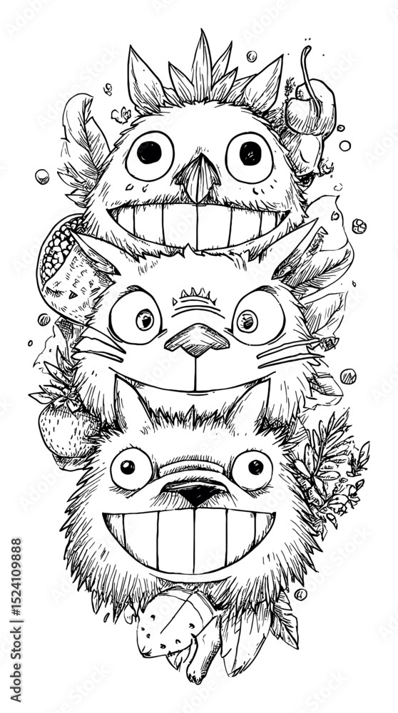 Fototapeta premium Whimsical Hand-Drawn Doodle of Adorable Cartoon Animal Characters