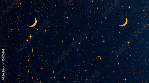 Night sky with stars and crescent moons, creating peaceful and dreamy atmosphere, perfect for relaxation or bedtime scenes