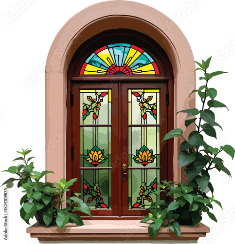 Elegant arch window with stained glass and plants