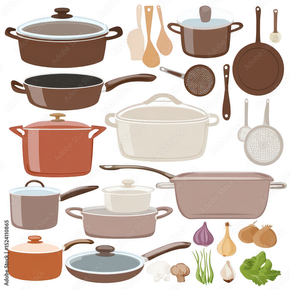 Collection of Kitchen Cookware and Utensils Including Pots, Pans, Lids, and Cooking Tools for Culinary Arts and Food Preparation Collection of Kitchen Cookware and Utensils Including Pots, Pans, Lids, and Cooking Tools for Culinary Arts and Food Preparation