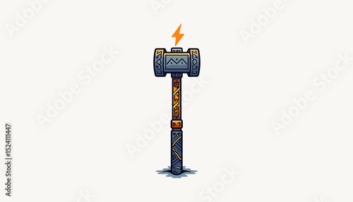 Hammer with runic handle and lightning arc crown, Mjölnir in minimal Nordic style