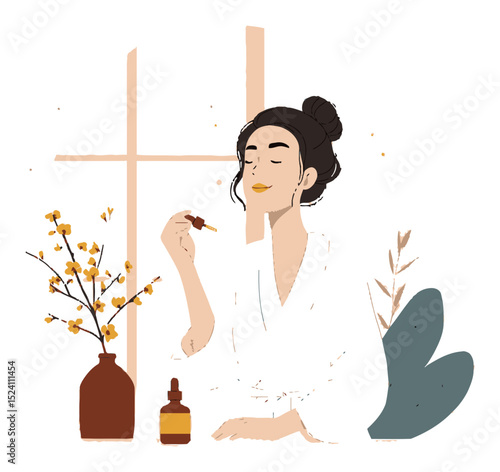 Serene Woman Enjoying Cosmetic Treatment in Minimalist Illustration