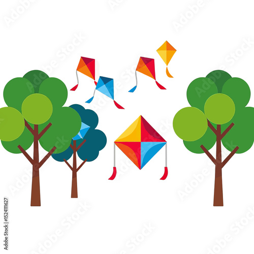 Kites-flying-over-trees-colorful-vector-illustration-spring-joy